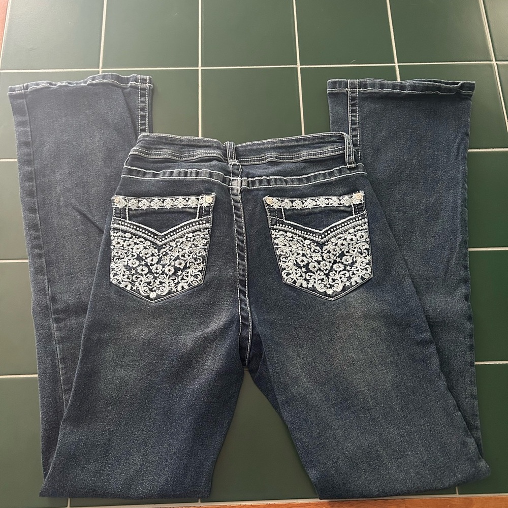 Blue Boot Cut Jeans with Embroidered Details